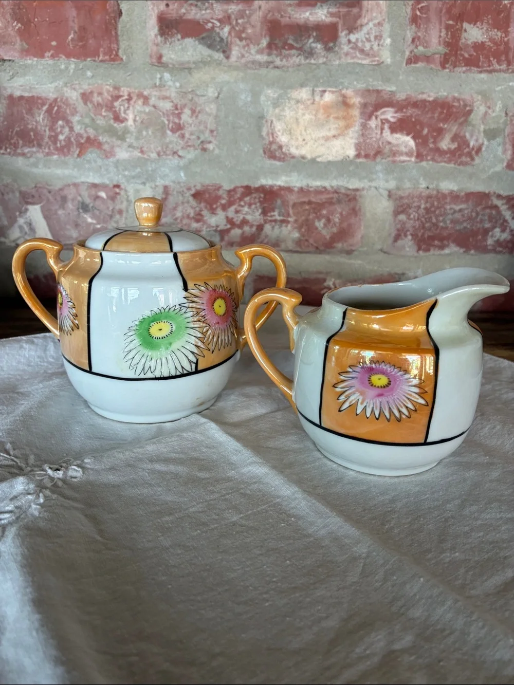 Peach Lusterware Vintage Floral Orange Cream Sugar and Creamer Set